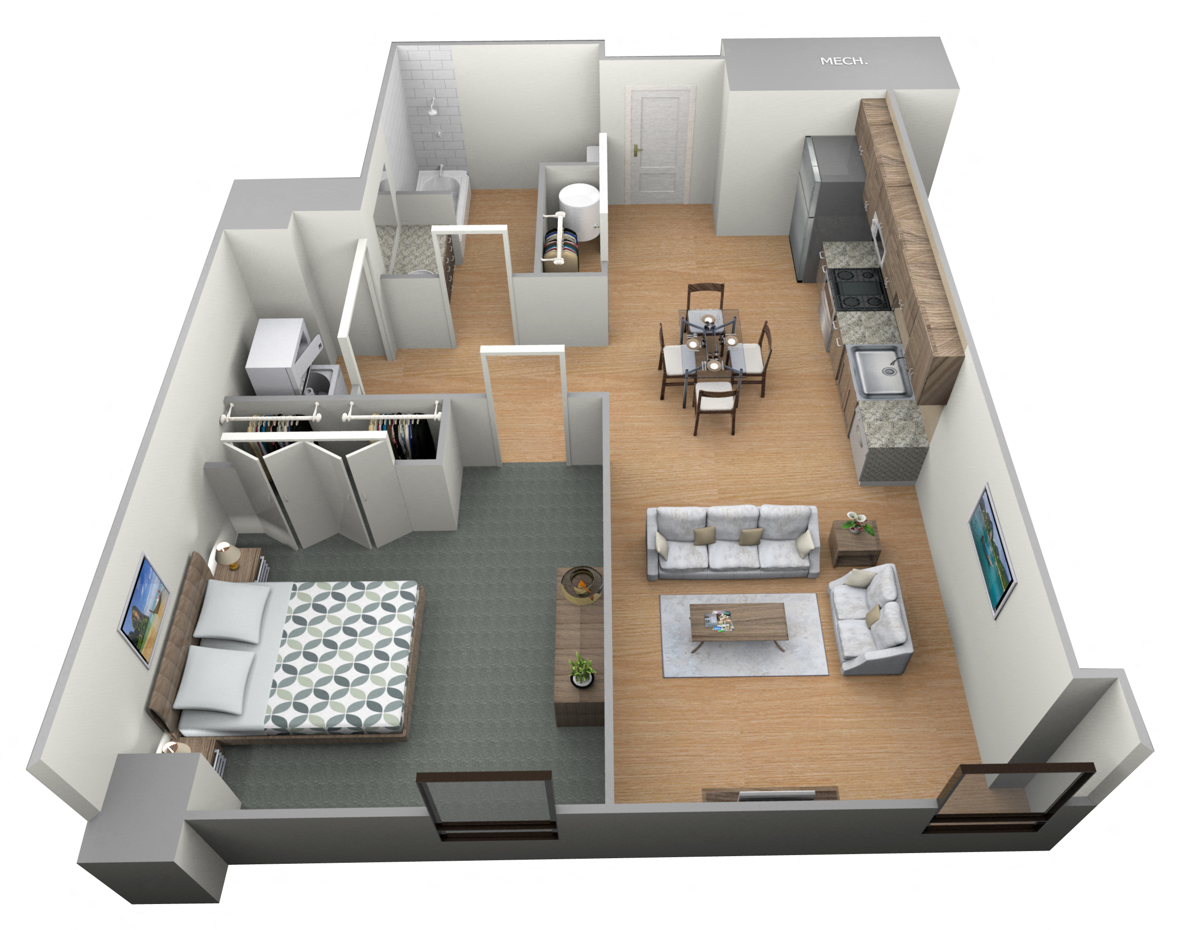 Floor plan for 1 bed, 1 bath, 647 sqft